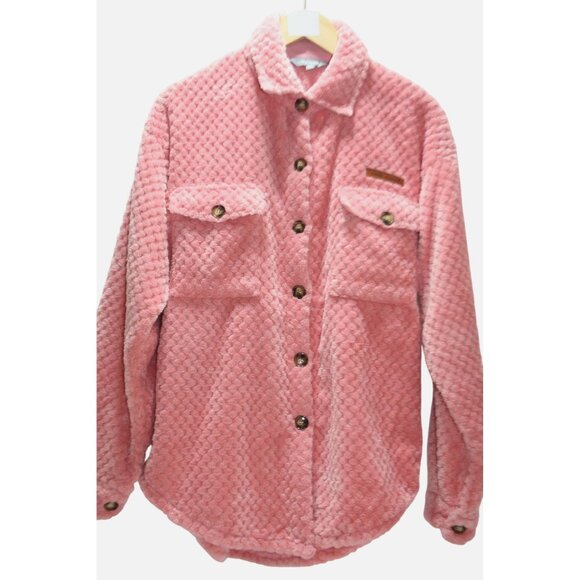 Simply Southern Womens Med Sherpa Fleece Shirt Jacket Pink Cozy Casual Shacket - Picture 1 of 7